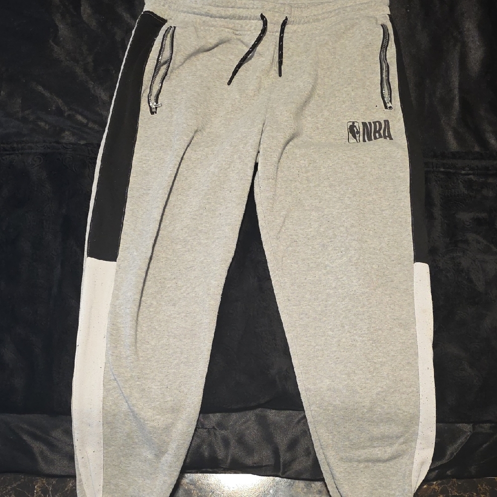 NBA Mens Grey Jogger Sweatpants with Black & White Side Panels